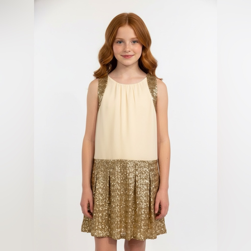 Laundry By Sheli Segal Gold and Cream Sequin Gatsby Style Dress Sz 7 NWT